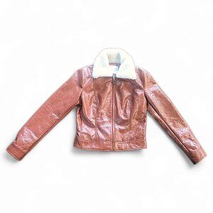 Sz Sm VTG 00s Aritzia Wilfred Vinyl Shiny Brown Sherpa Collar Zip Up Jacket  🥰